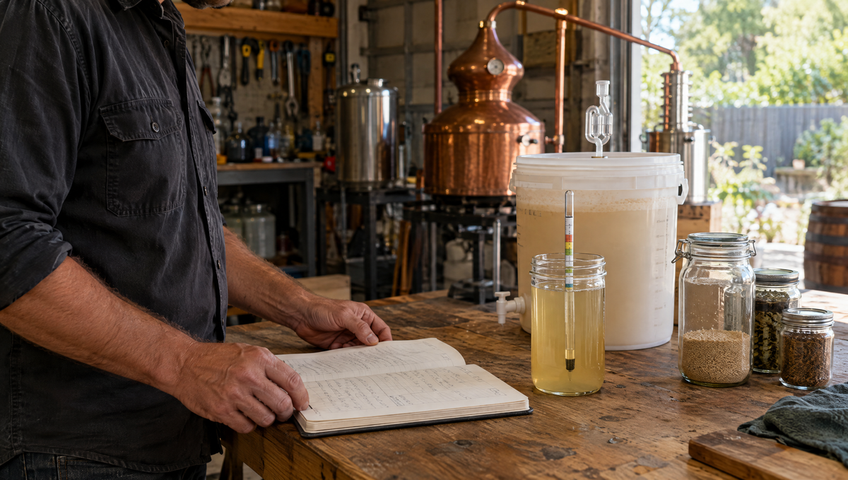 Hobbyist reading notes at a timber workbench with a fermenter, hydrometer and small copper still in a home workshop