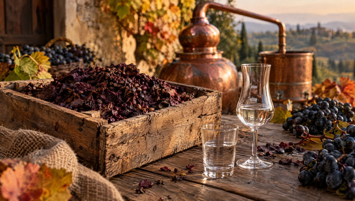 Rustic Italian table with grape pomace, a tulip glass of grappa and a copper alembic in the background