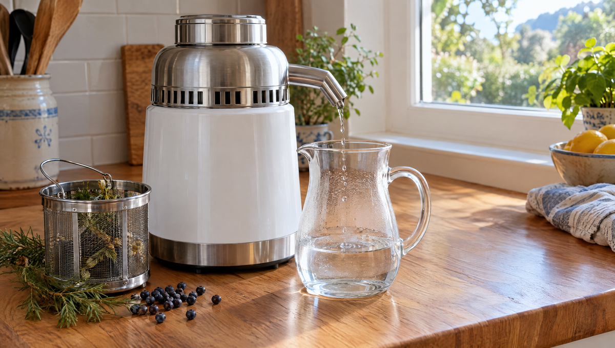 Compact countertop air still on a timber kitchen bench dripping clear liquid into a glass jug