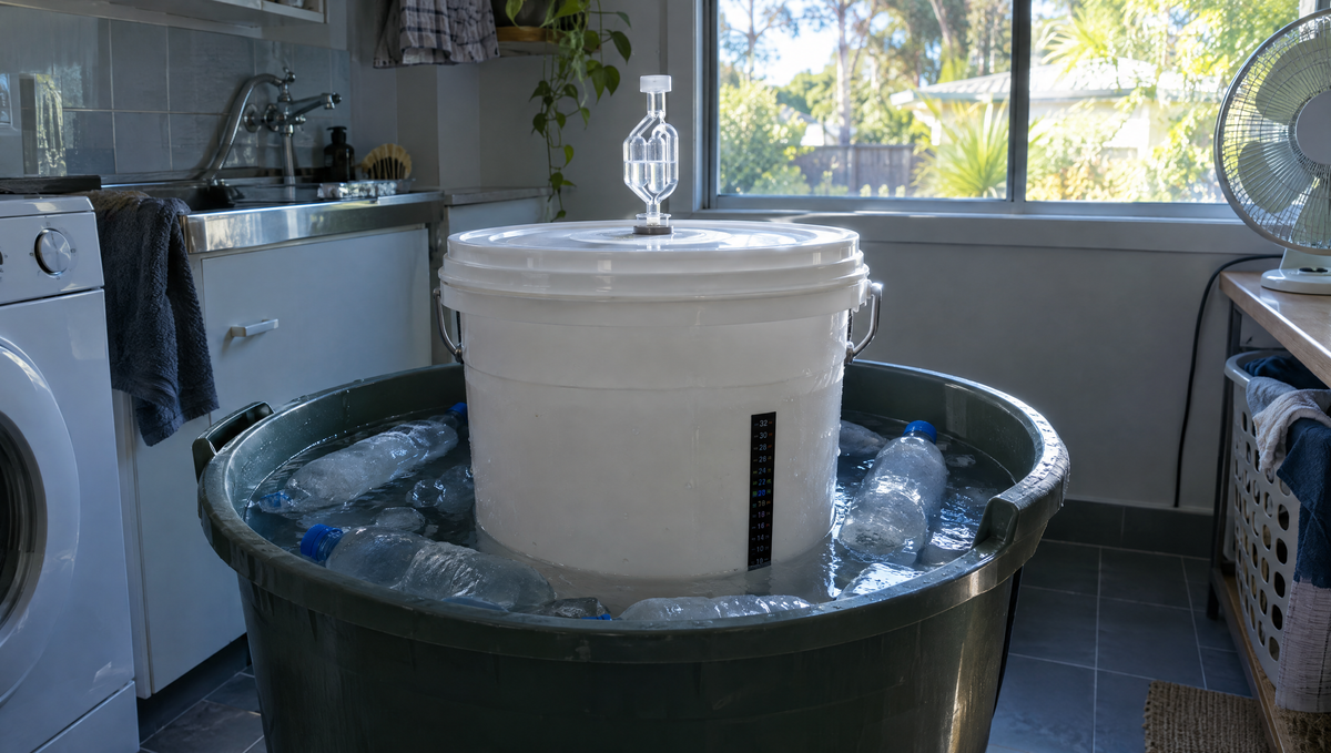 Fermenter cooling in a tub of water with frozen bottles in a shady laundry on a summer day