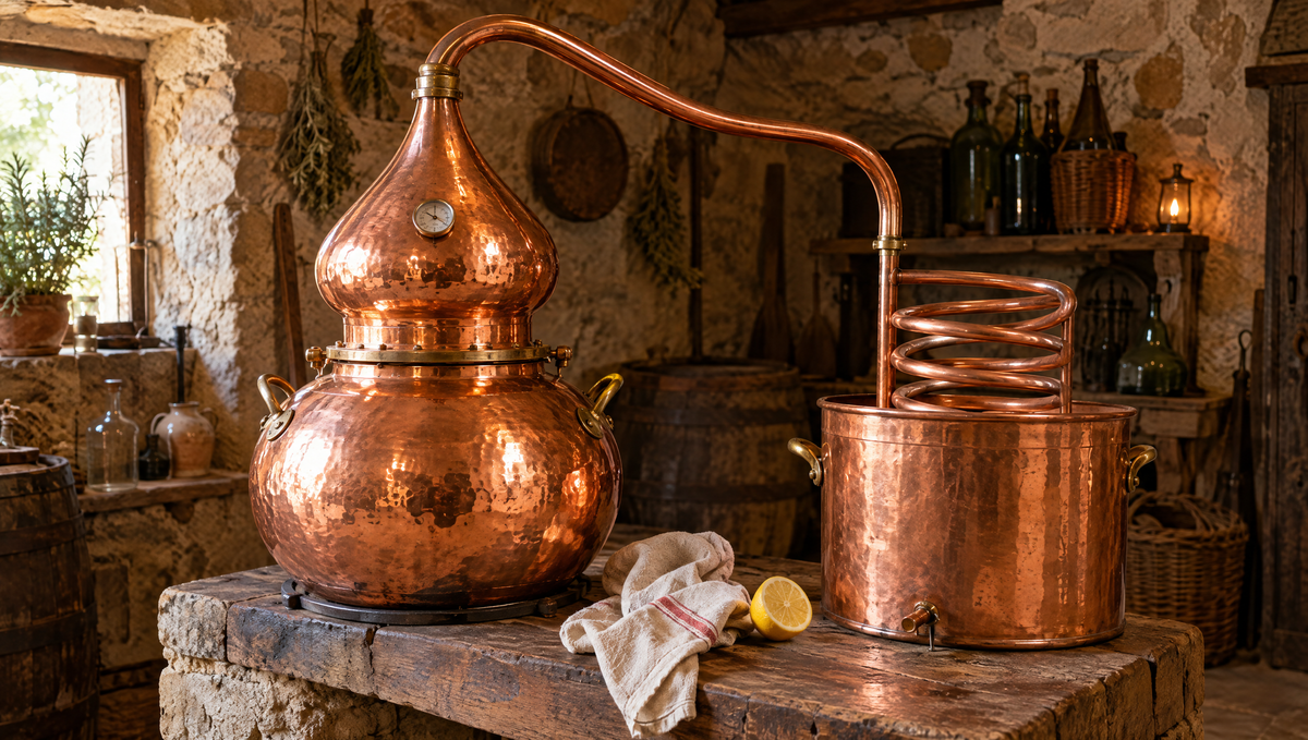 Traditional Italian hammered copper alembic still with swan neck and coiled condenser