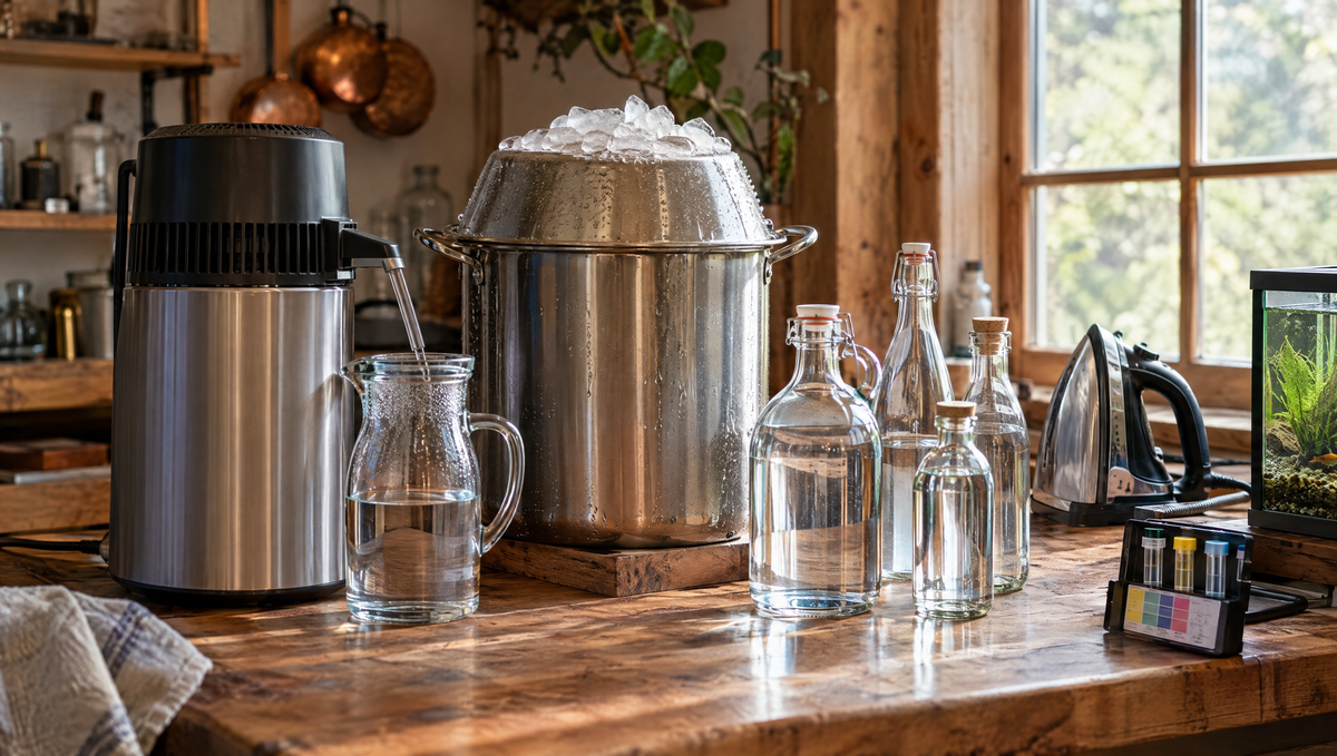 Distilling water at home with a stockpot, upturned lid and ice, beside bottles of clear distilled water