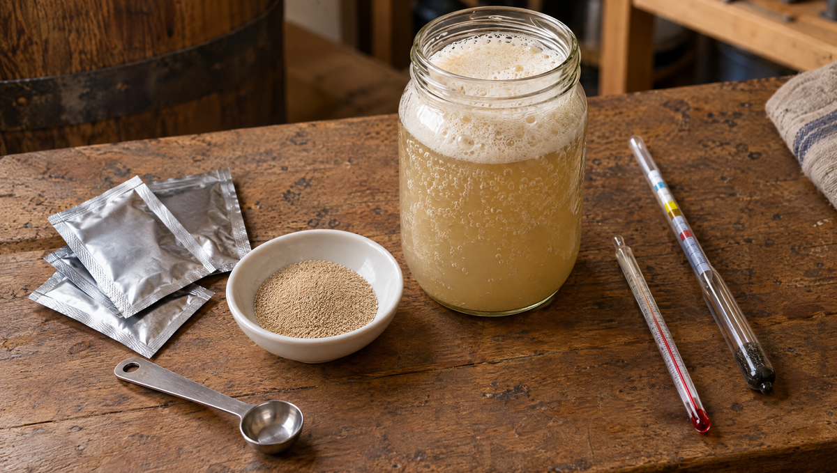 Yeast sachets, dried yeast granules and a bubbling fermenting jar on a timber bench