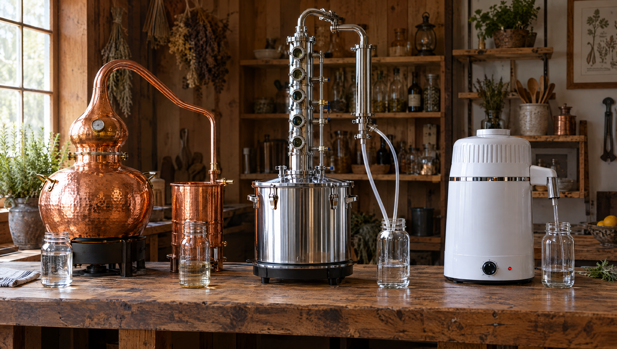 Copper alembic pot still, stainless reflux column still and compact air still side by side on a timber workbench