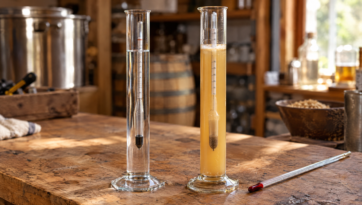 Alcoholmeter floating in clear spirit beside a sugar hydrometer in a fermenting wash