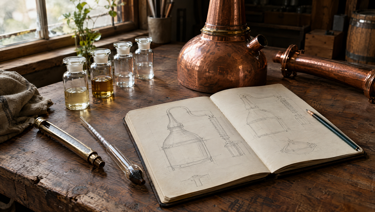 Notebook, thermometer, hydrometer and copper still parts on a workshop bench