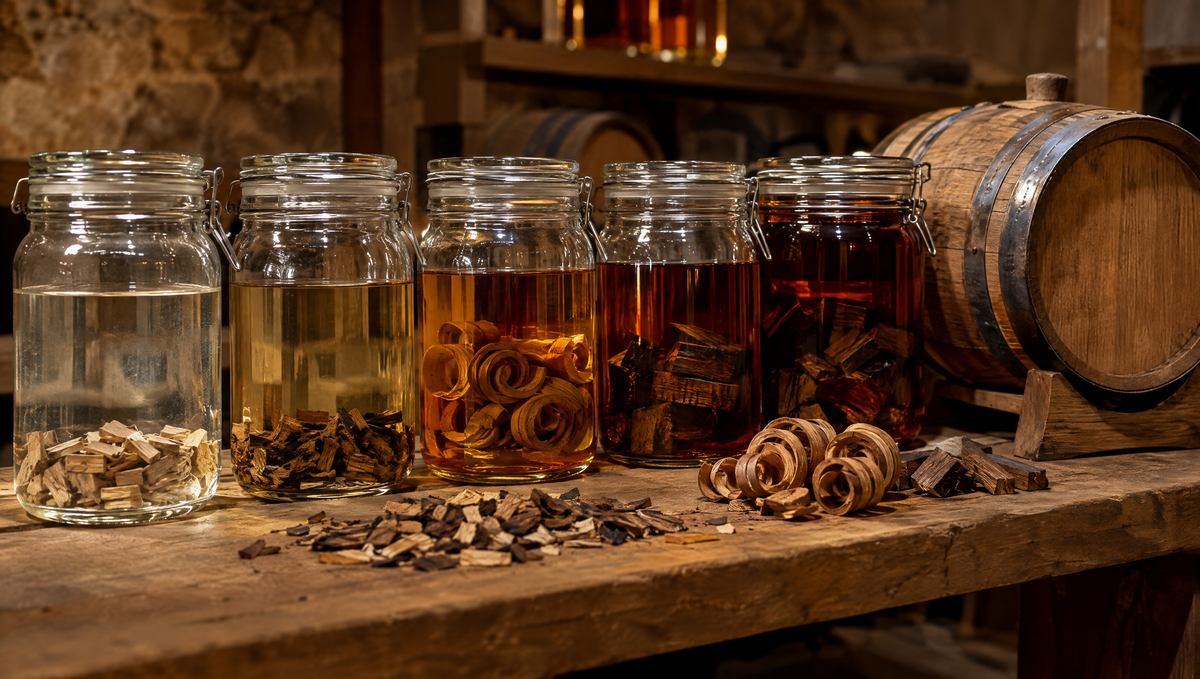 Glass jars of spirit ageing on oak chips and spirals beside a small oak barrel