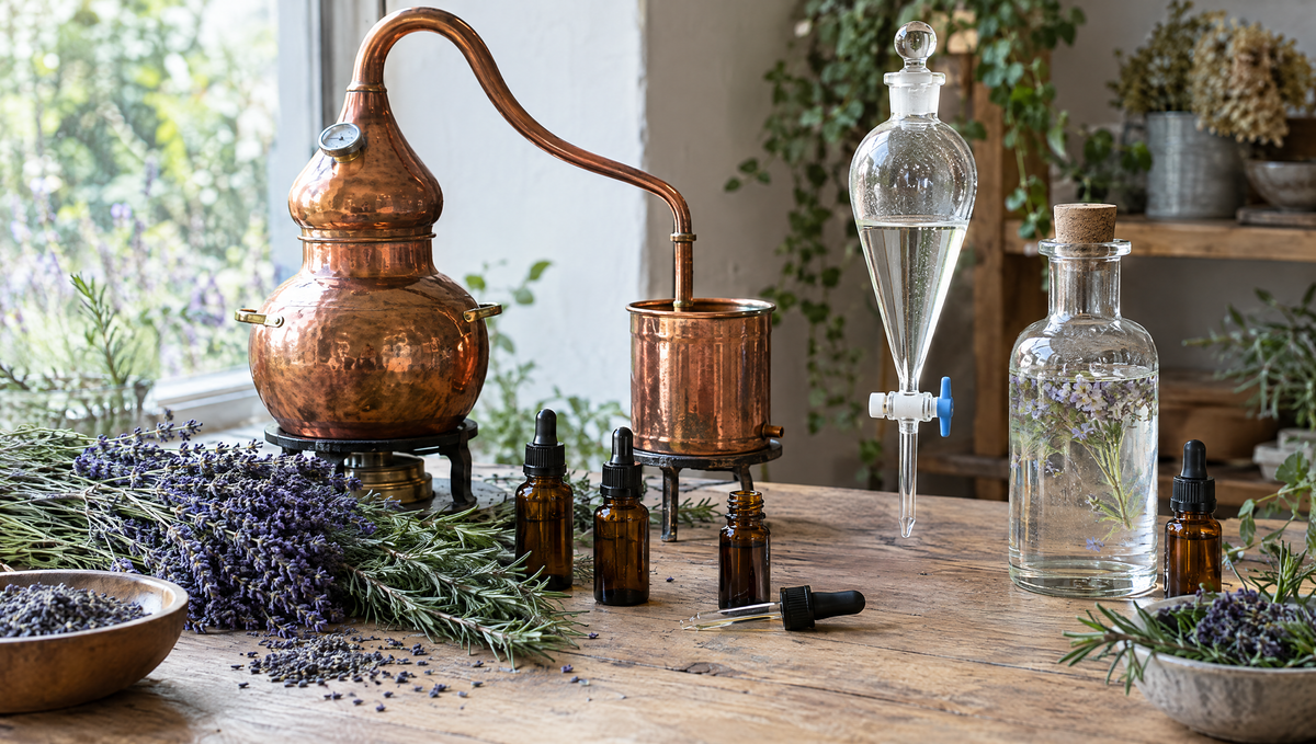 Small copper alembic still with lavender, rosemary and amber bottles of essential oil
