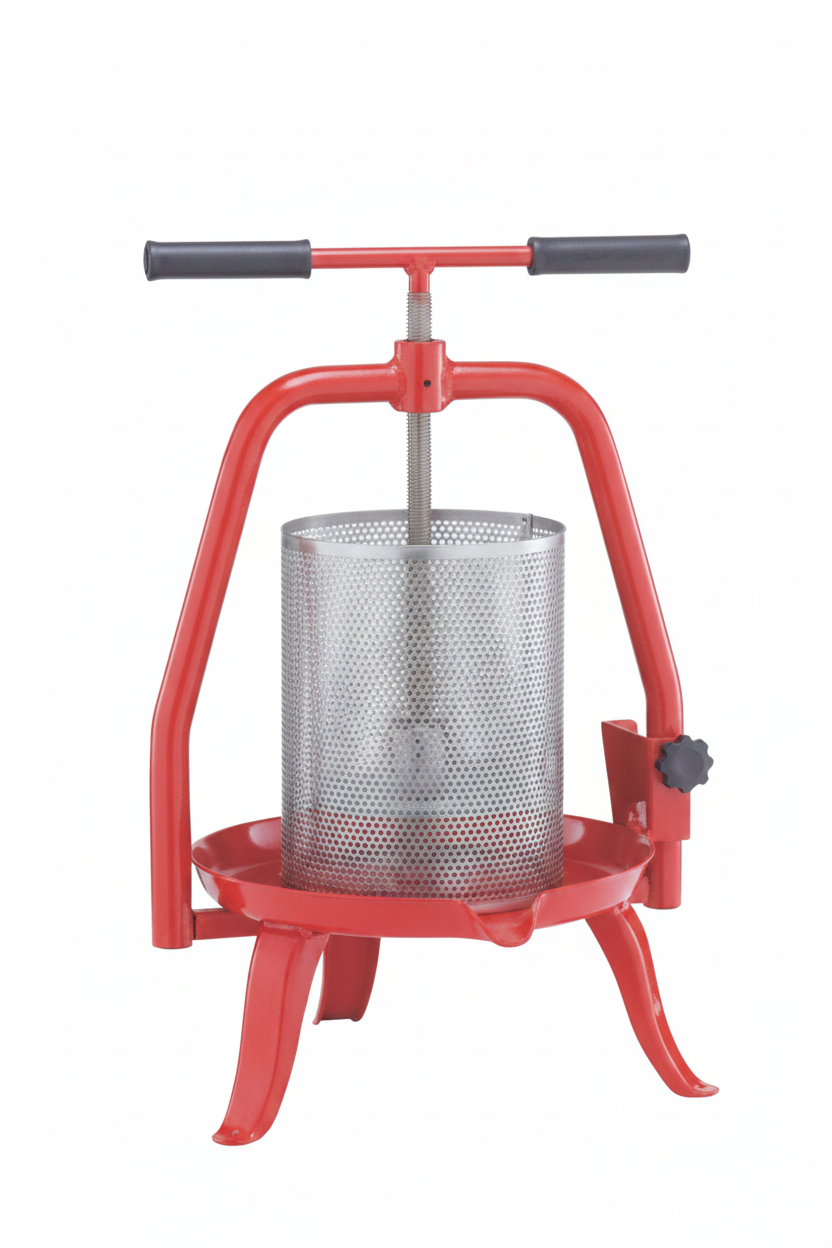 Press T-BAR Manual Fruit Press #20 BE Red Frame with S/S Rolled Basket - Baesso