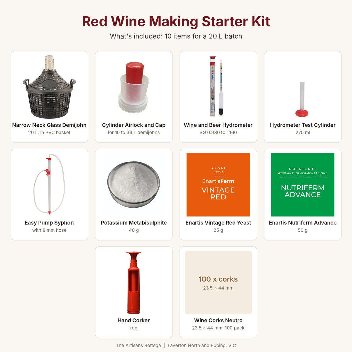 What's included in the Red Wine Making Starter Kit: 10 items for a 20 L batch
