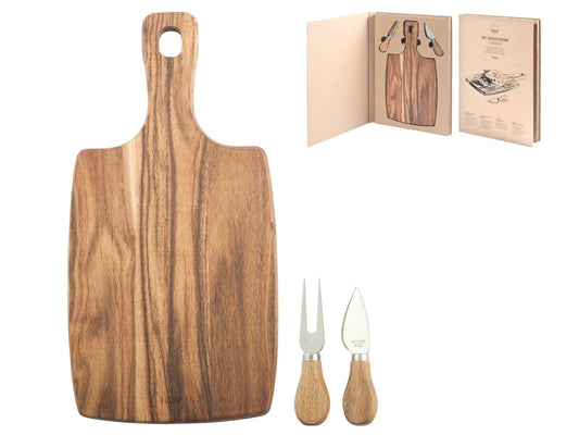 Wooden cheese board gift set with knife and fork