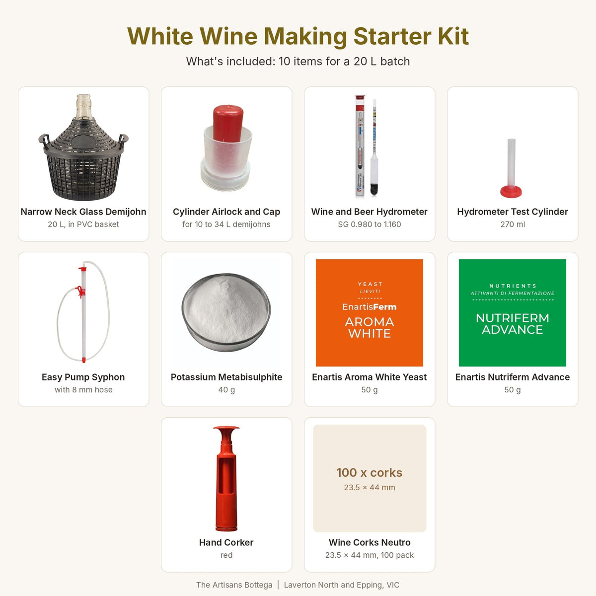 What's included in the White Wine Making Starter Kit: 10 items for a 20 L batch